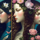 Stylized female faces with bluebirds and florals on blue background