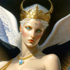 Angelic figure with white wings, golden crown, blue eyes