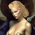 Golden-haired woman with angel wings and bird on shoulder against muted background