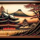 Japanese Mount Fuji Pagoda & Red Blossom Tree Artwork