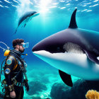 Colorful coral reef with cartoonish orca and fish in vibrant underwater scene