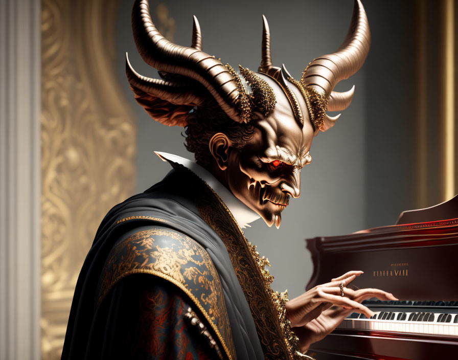 Demonic figure with horns playing grand piano in classical setting