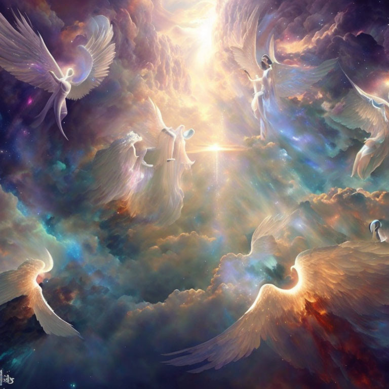 Ethereal angels with glowing wings in celestial fantasy artwork