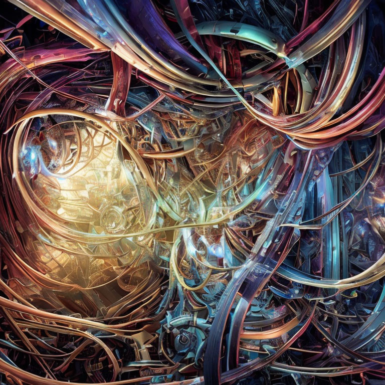 Vivid Abstract Digital Art: Chaotic Tangle of Tubes and Wires