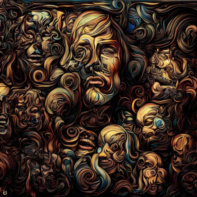 Swirling abstract portrait with multiple faces in warm brown hues