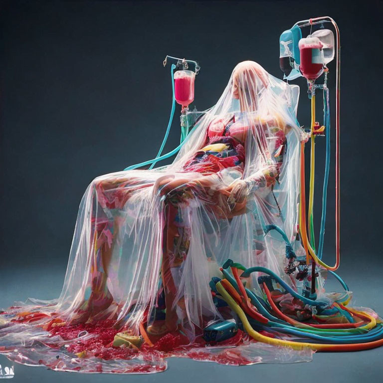 Surreal artwork: Figure with long pink hair in translucent sheet surrounded by colorful tubes.