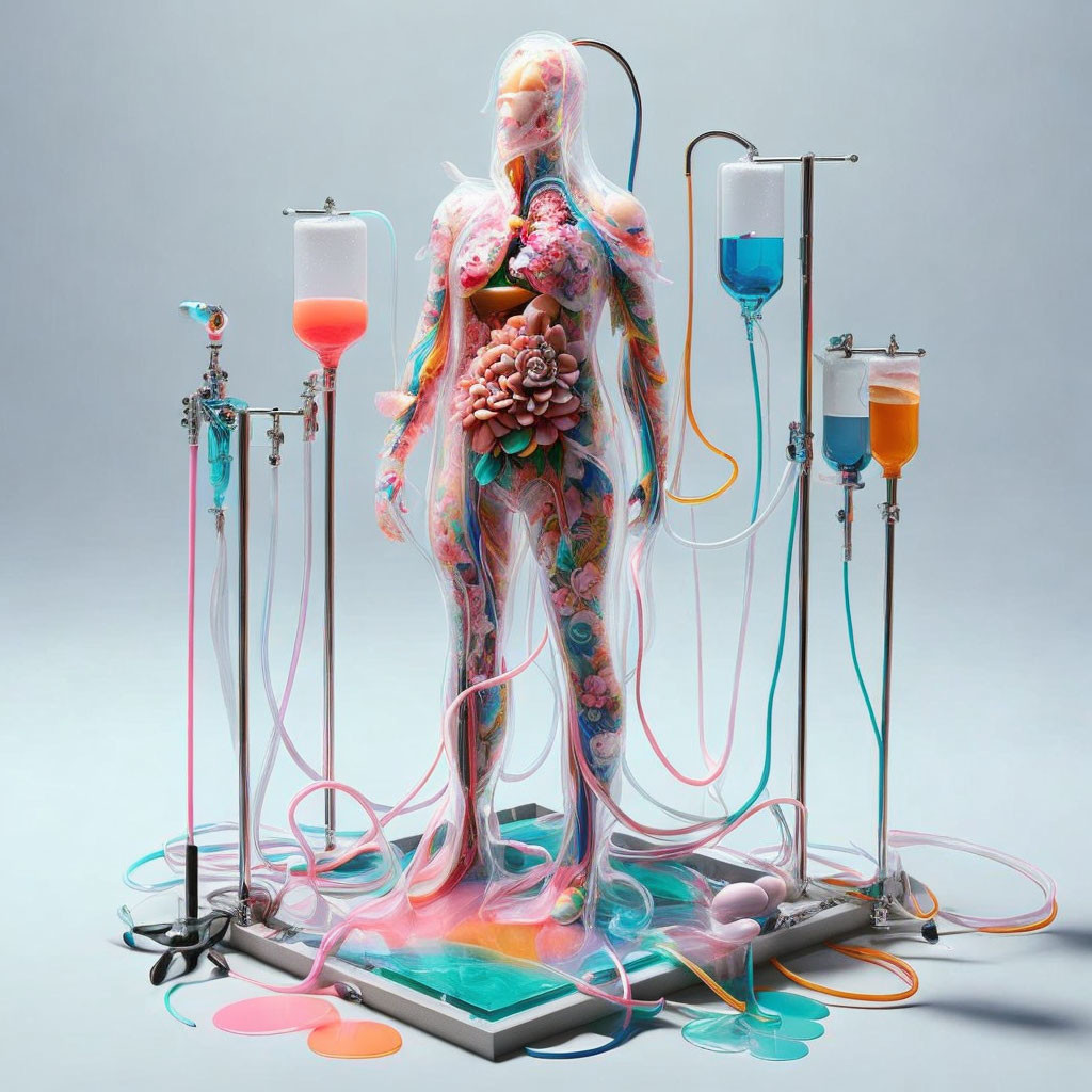 Translucent floral sculpture connected to medical IV stands with colorful liquids