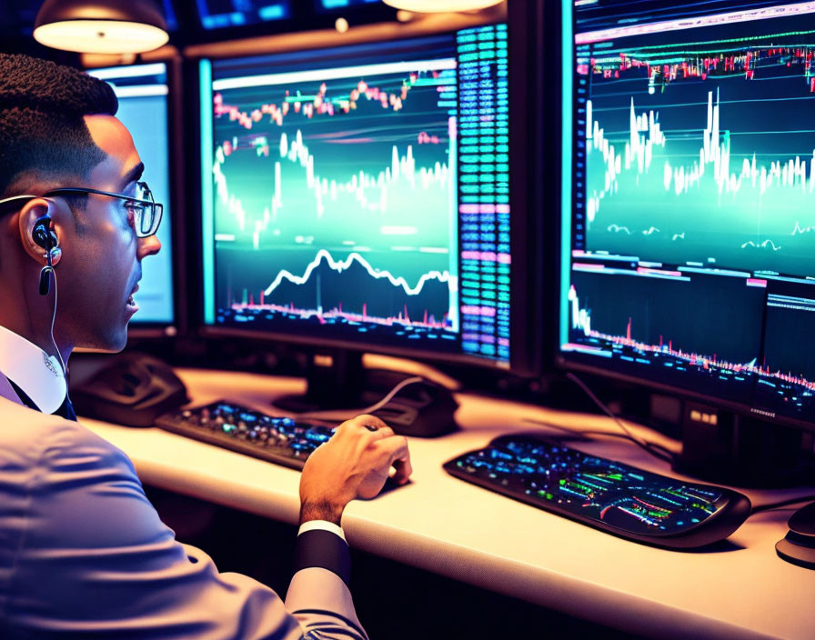 Individual Analyzing Financial Charts in High-Tech Trading Office