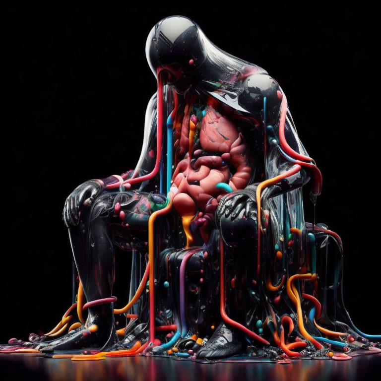 Colorful Melting Strands Sculpture on Seated Figure