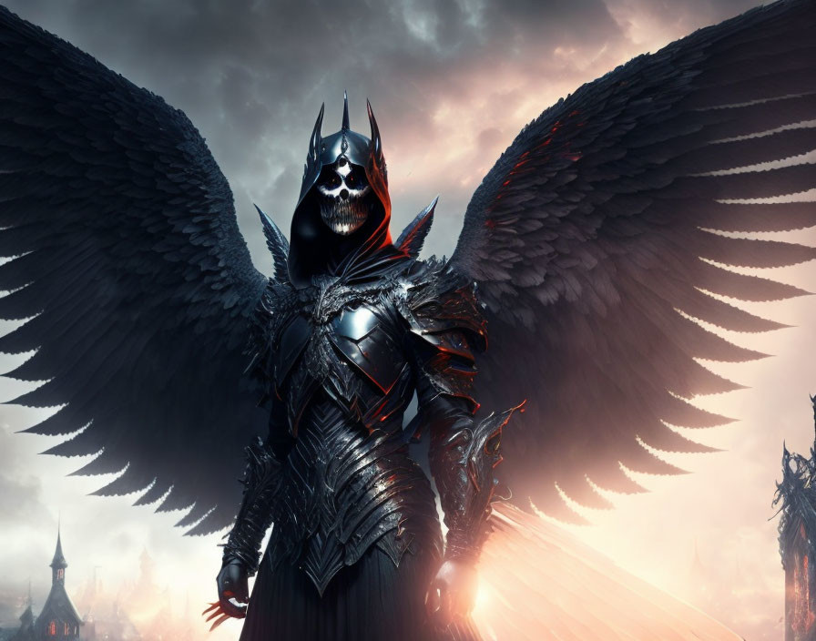 Dark figure in spiked armor with outstretched wings in gothic landscape