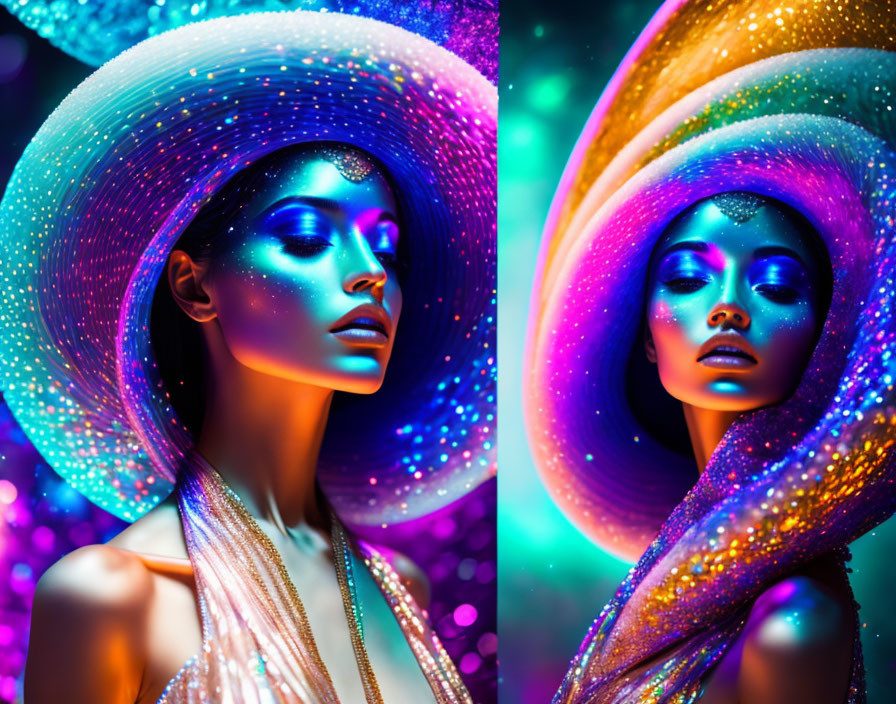 Vibrant portraits of a woman in shimmering makeup and wide-brimmed hat