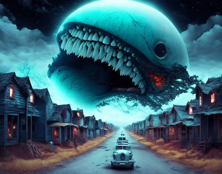 Surreal giant fish-like creature in desolate street with old wooden houses