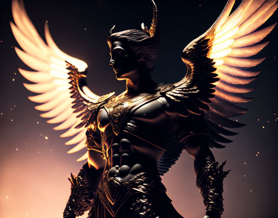 Bronze angel statue with intricate armor on warm glowing background