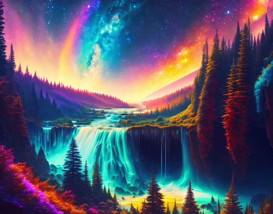 Fantastical landscape with waterfall, river, colorful forest, night sky, aurora borealis