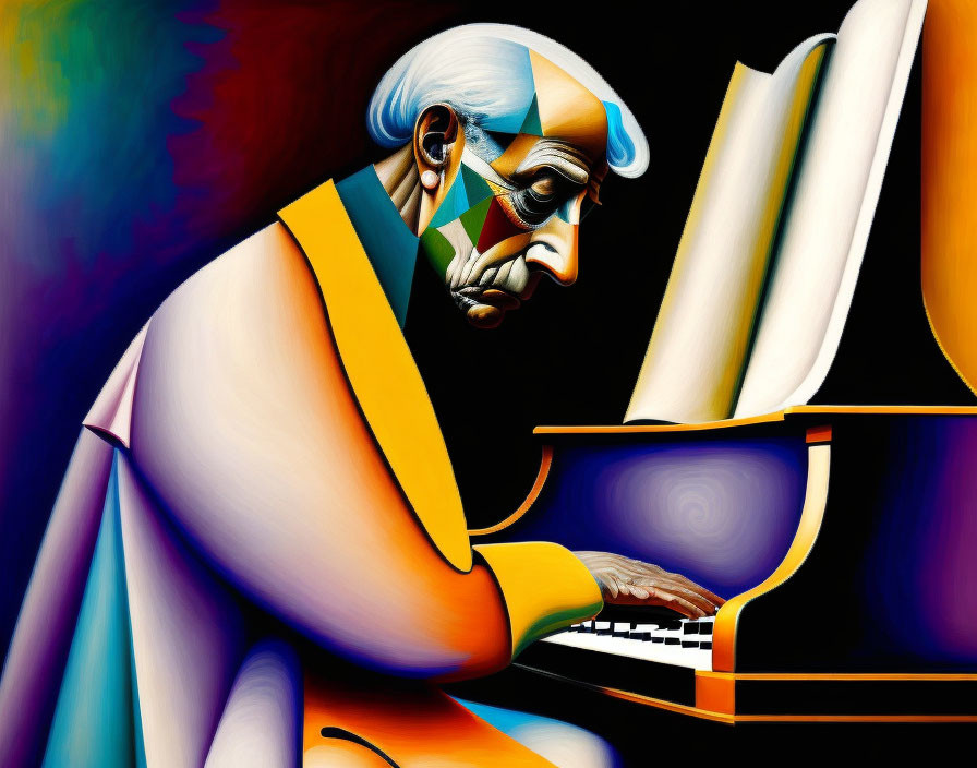 Vibrant Cubist Painting of Person Playing Piano