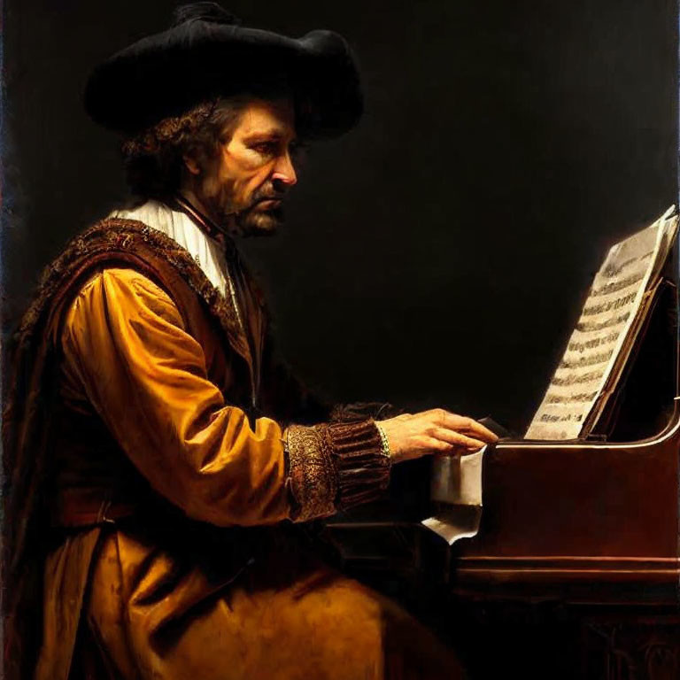 Historically dressed person playing piano in wide-brimmed hat