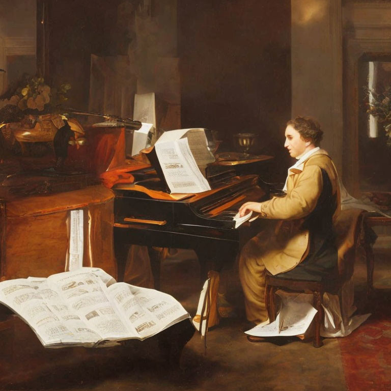 Man playing grand piano in classic room with sheet music and book.