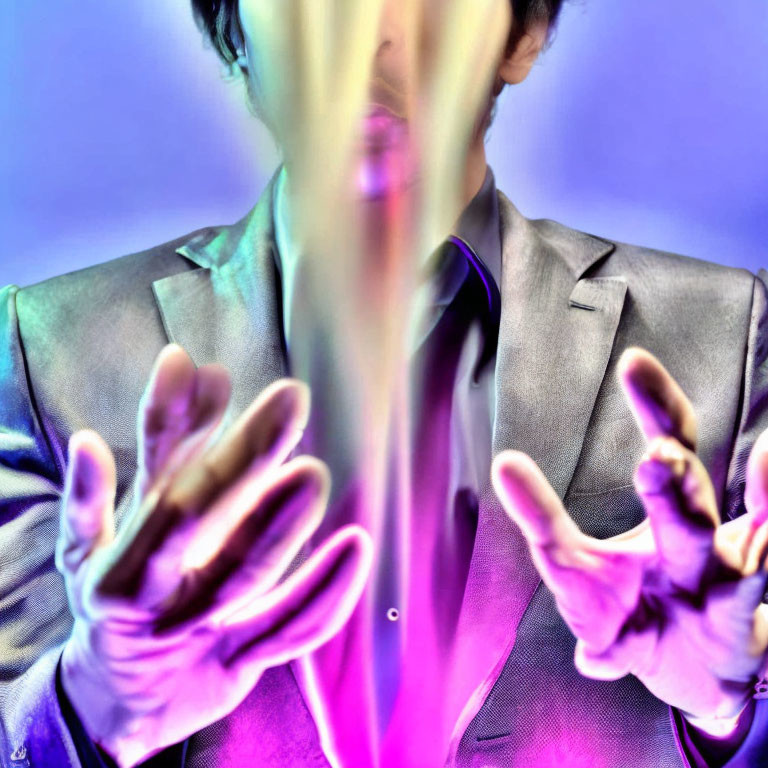 Person in suit performing magic trick with bright light on purple background