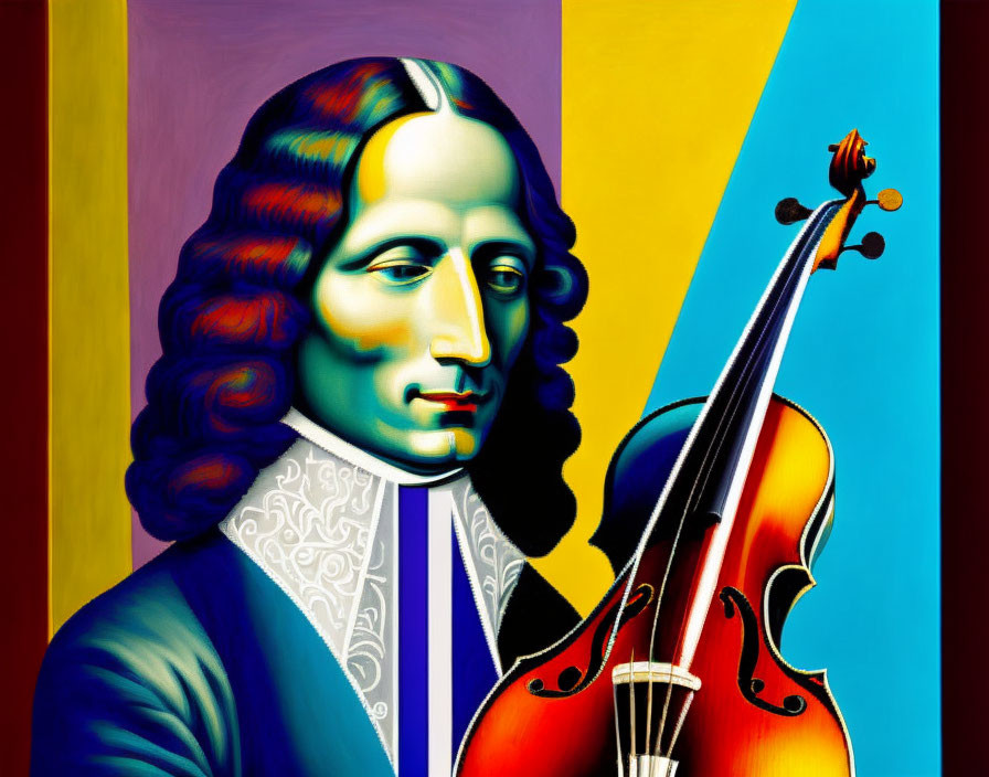 Vibrant artistic portrayal of historical figure with long curly hair and violin on abstract background