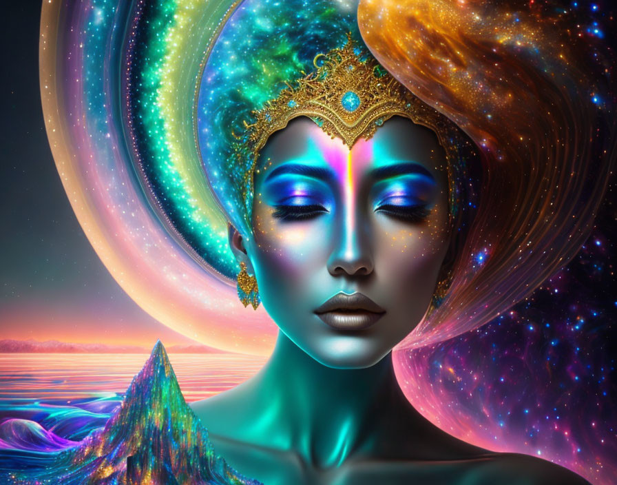 Vibrant cosmic woman with ornate crown on celestial backdrop