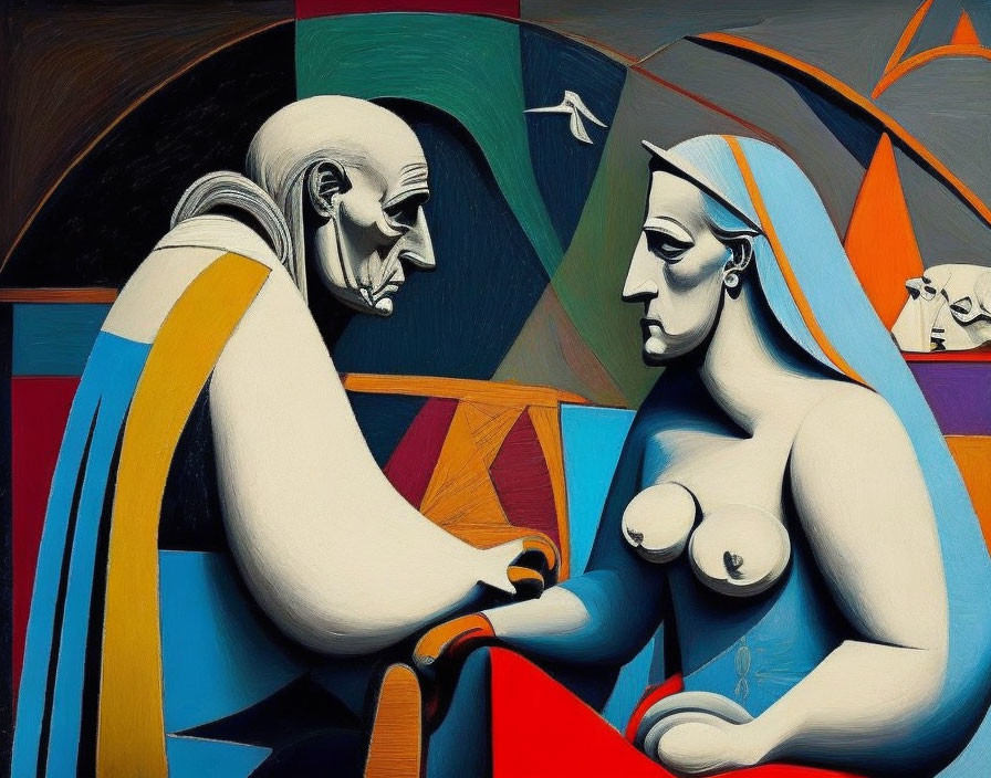 Cubist-style painting of male and female figures on colorful background