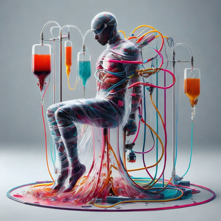 Futuristic humanoid figure connected to colorful tubes and iv bags