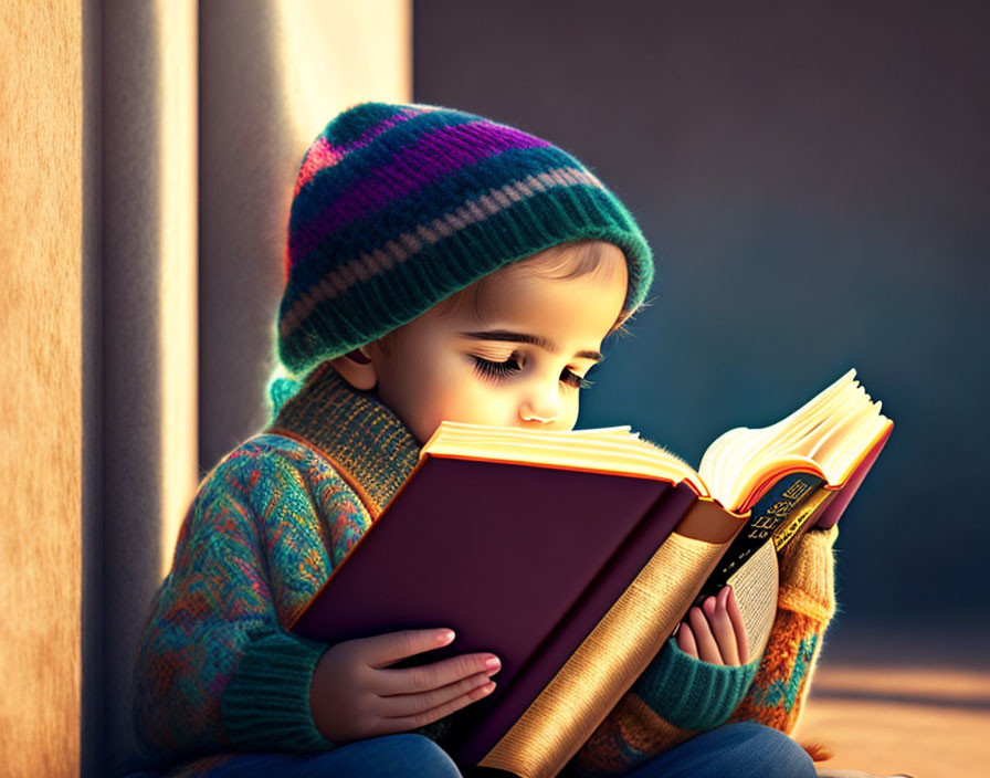 Child in Colorful Beanie and Sweater Reading Book in Warm Light