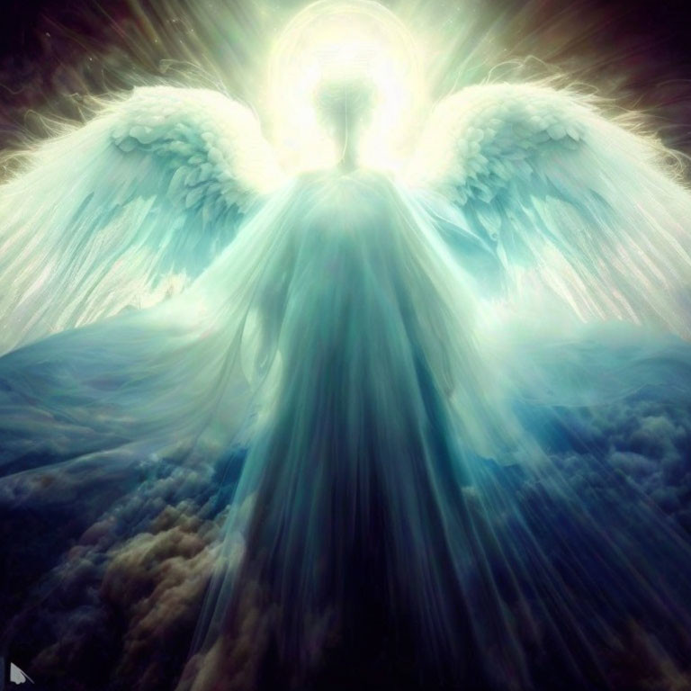 Luminous figure with radiant wings above clouds