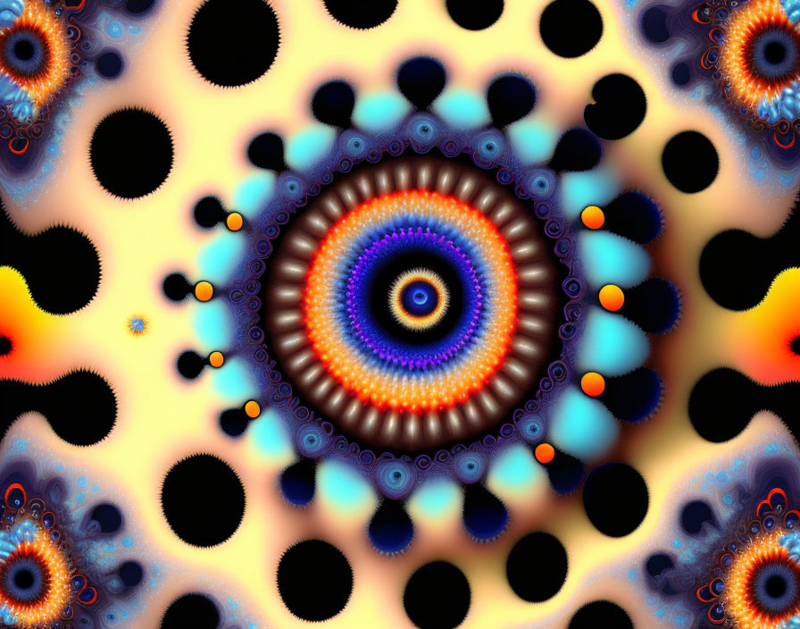 Vibrant fractal art with circular pattern in blue, orange, and brown on black background