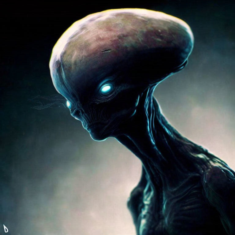 Alien illustration: Large smooth head, glowing blue eyes, dark textured skin