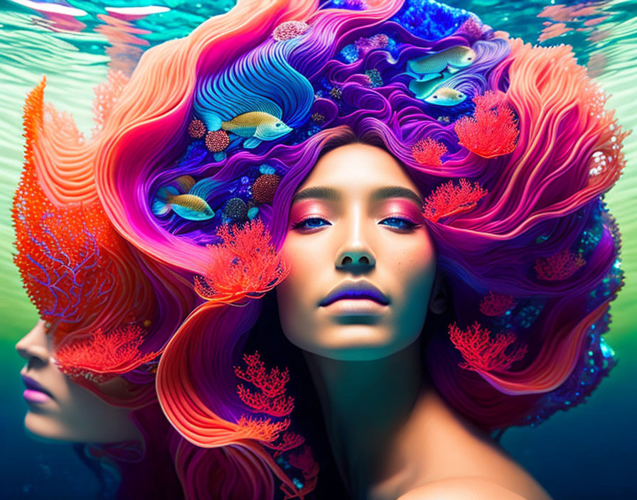 Colorful artwork: Woman with coral and fish in flowing hair underwater