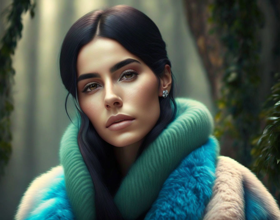 Dark-haired woman in blue fur coat and green turtleneck against forest backdrop