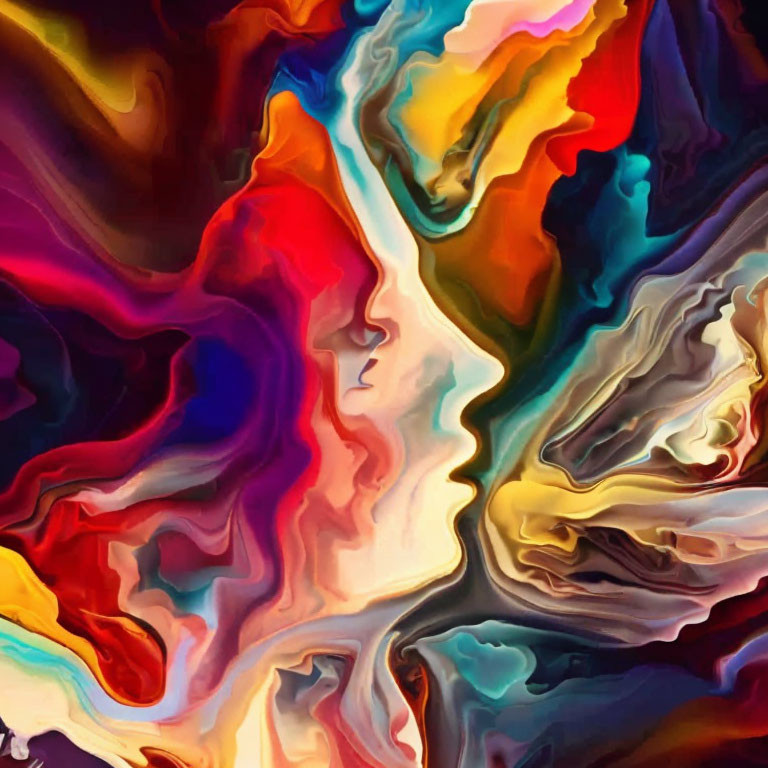 Colorful Abstract Art: Fluid Colors Form Human Profile Amid Swirling Patterns