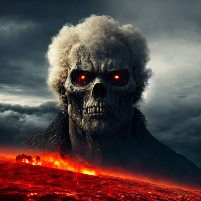 Menacing skull with glowing red eyes in sea of lava under stormy sky