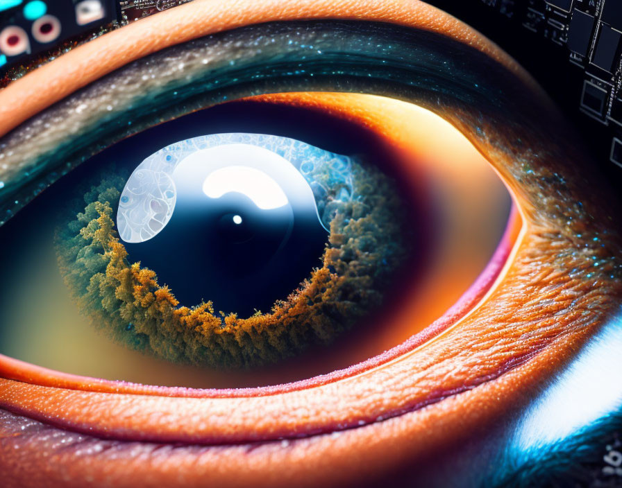 Close-up of eye with yin-yang symbol pupil and biotic-tech iris