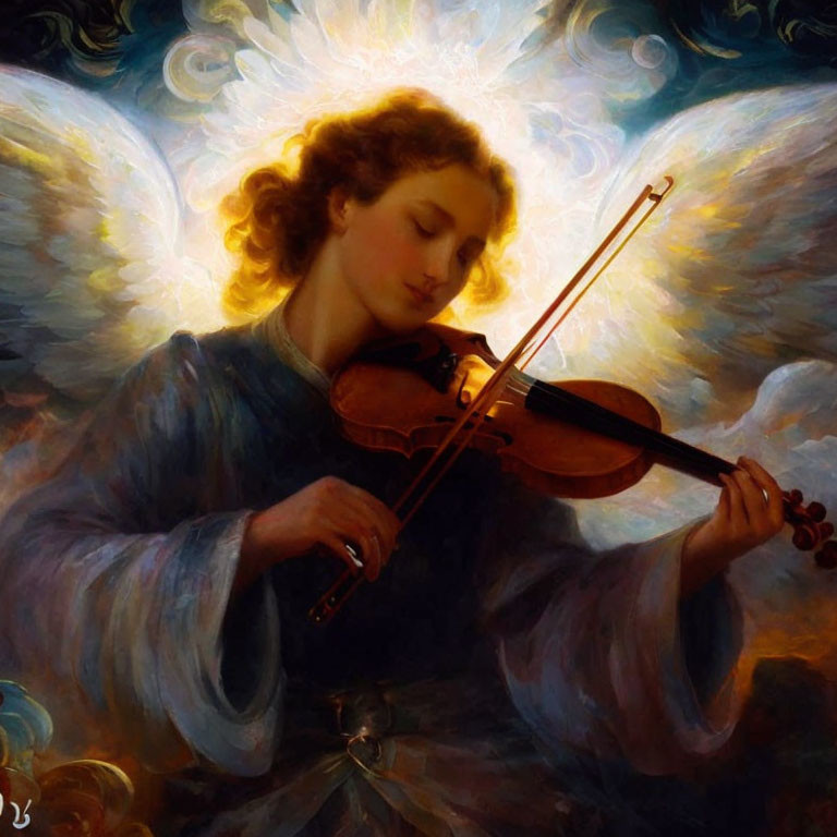 Golden-Haired Angel Playing Violin in Celestial Setting