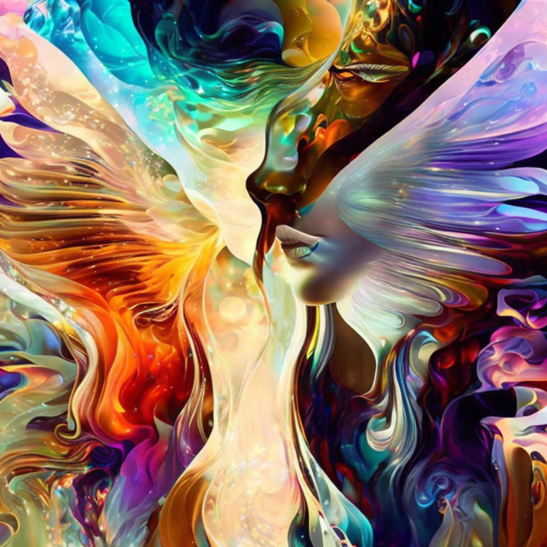 Colorful Digital Art: Two Profiles with Abstract Patterns & Butterfly Wings