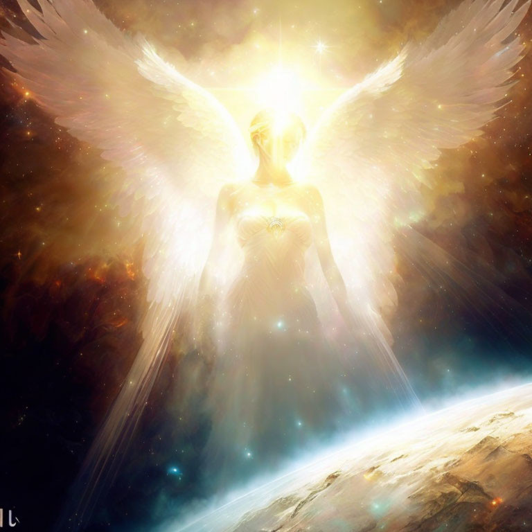 Ethereal angel with radiant wings in celestial setting