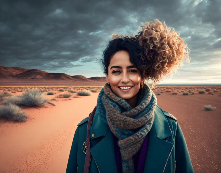 Smiling woman with curly hair in teal coat and scarf in desert sunset