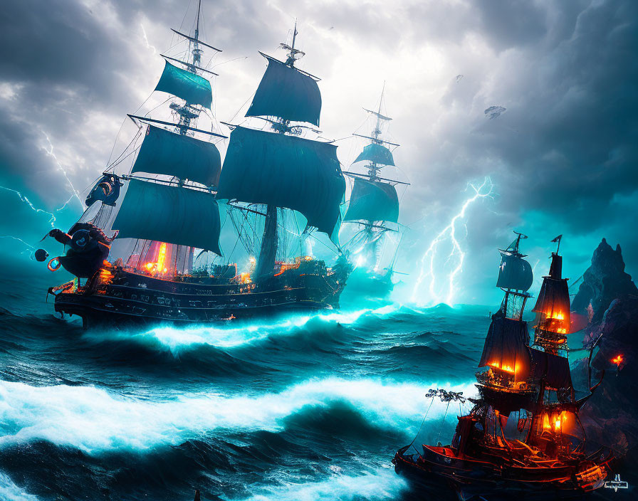 Ships battling on stormy seas with sea monster tentacles nearby