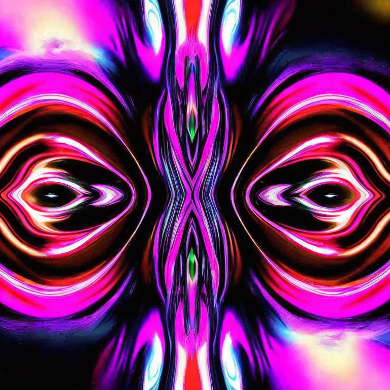 Symmetrical abstract image with neon pink, purple, and blue hues