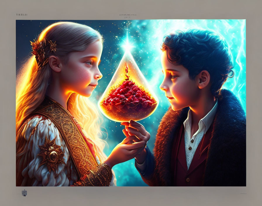 Digital artwork of young boy and girl by mystical hourglass with red flowers