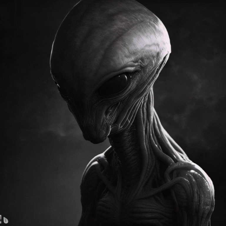 Classic Grey Alien with Large Head and Black Eyes on Dark Background