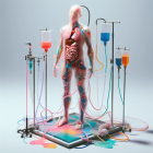 Translucent floral sculpture connected to medical IV stands with colorful liquids