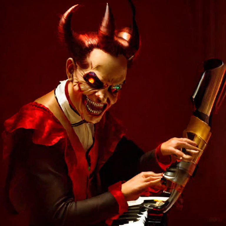 Person in devil costume playing piano in red-lit room