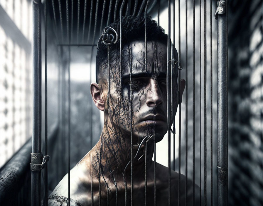 Solemn man with black vein-like patterns behind bars in desaturated tones