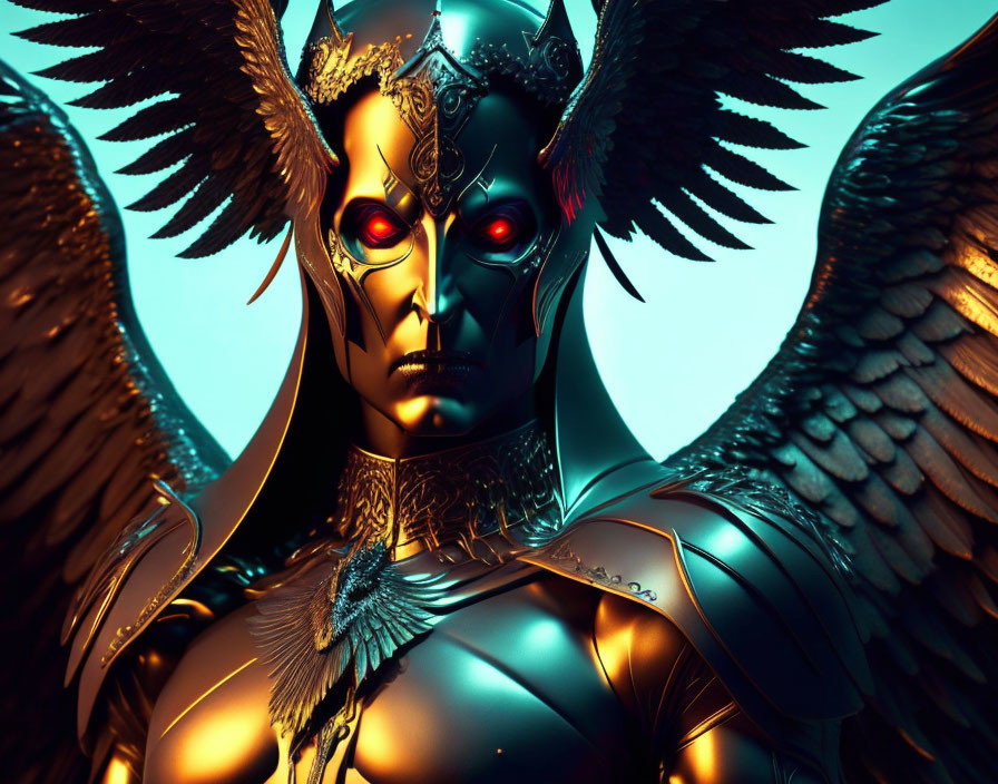 Digital artwork featuring figure with glowing red eyes, golden headgear, black wings on teal background