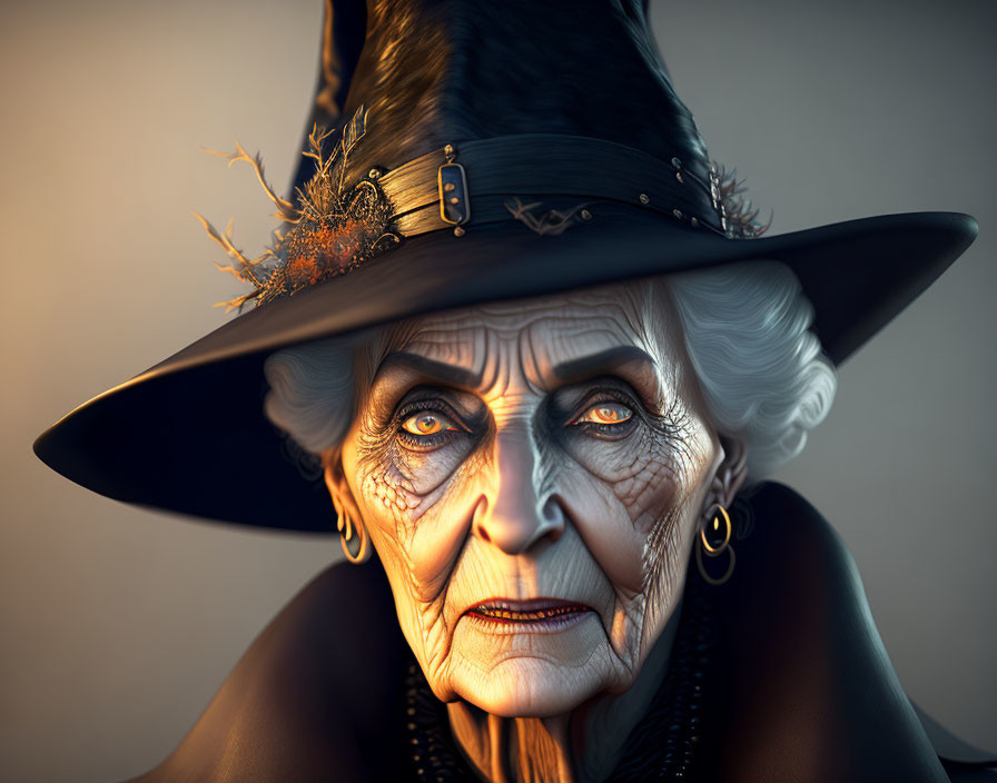 Detailed 3D render of elderly woman with blue eyes in witch's hat