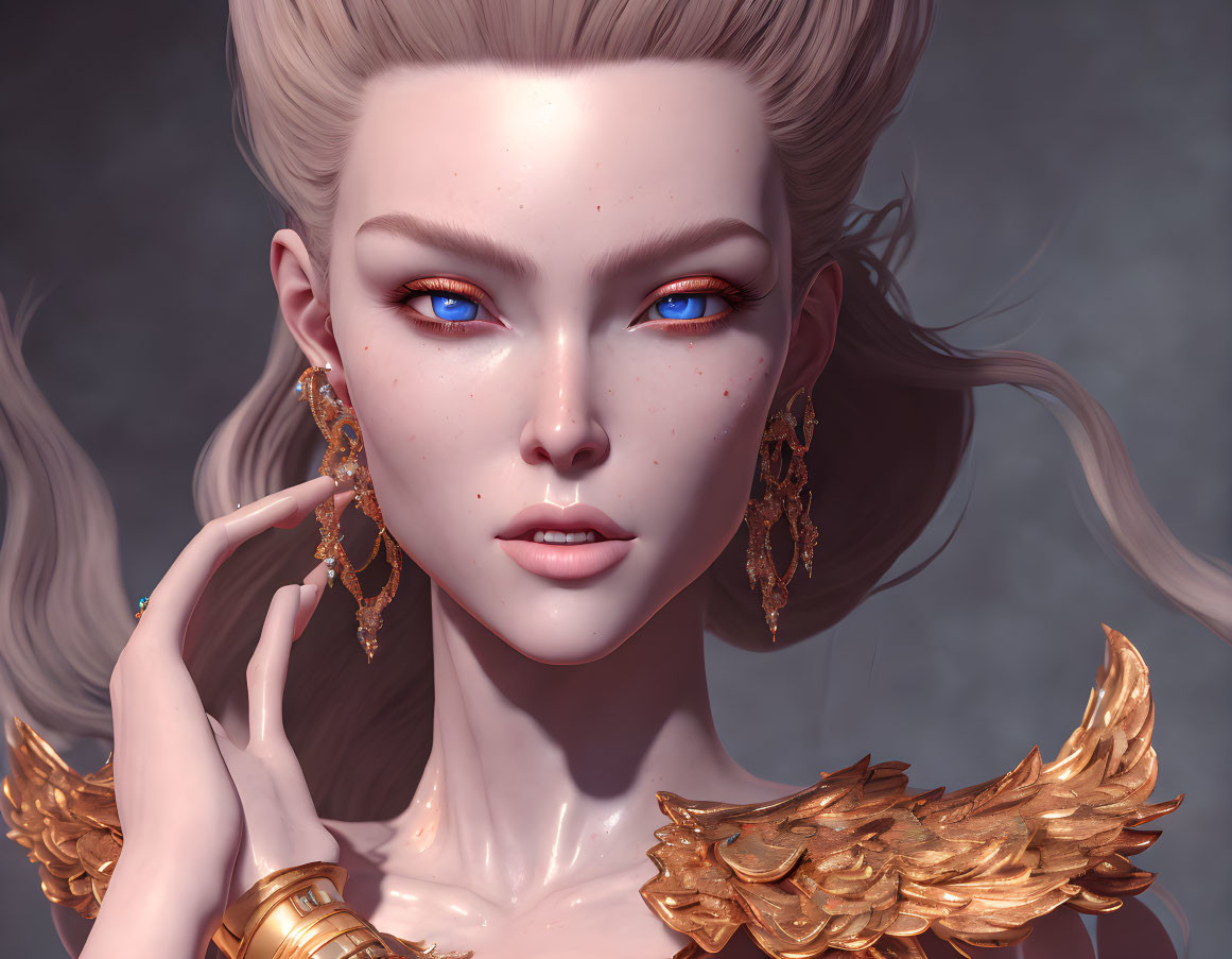 Detailed digital art portrait: female figure with blue eyes, freckles, gold earrings, and feather