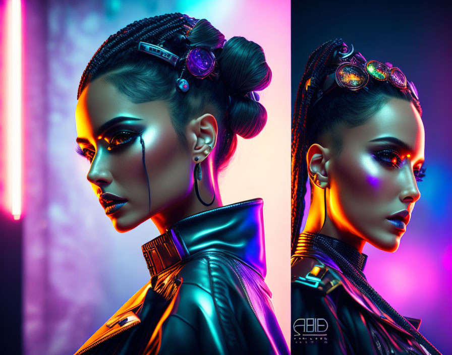 Colorful Neon-Lit Dual Portrait of Woman with Creative Makeup and Futuristic Hairstyle